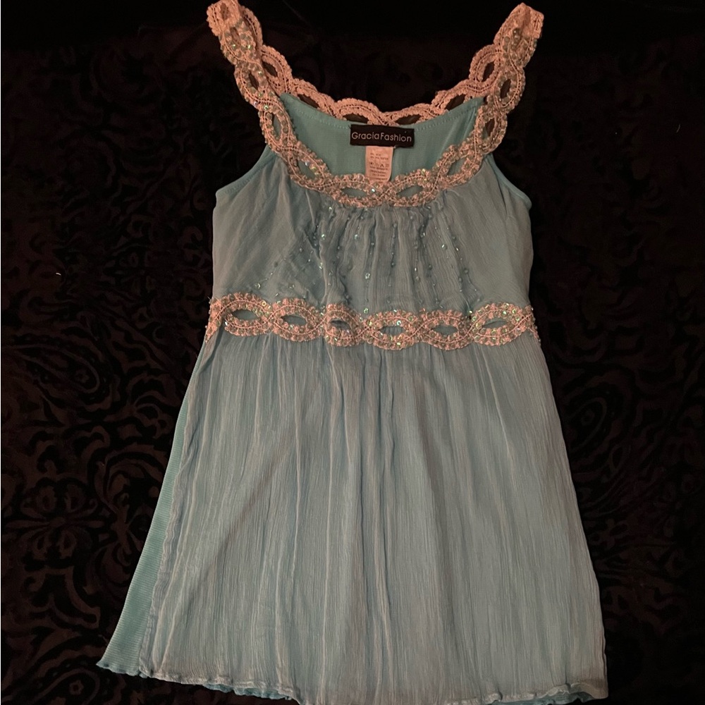 Aqua blue top with white lace & sequins